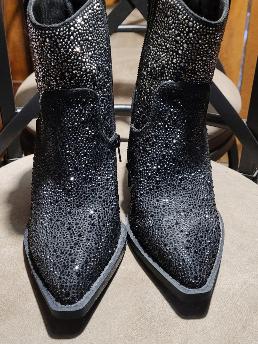 Black Crystal-Embellished Pointed Ankle Booties